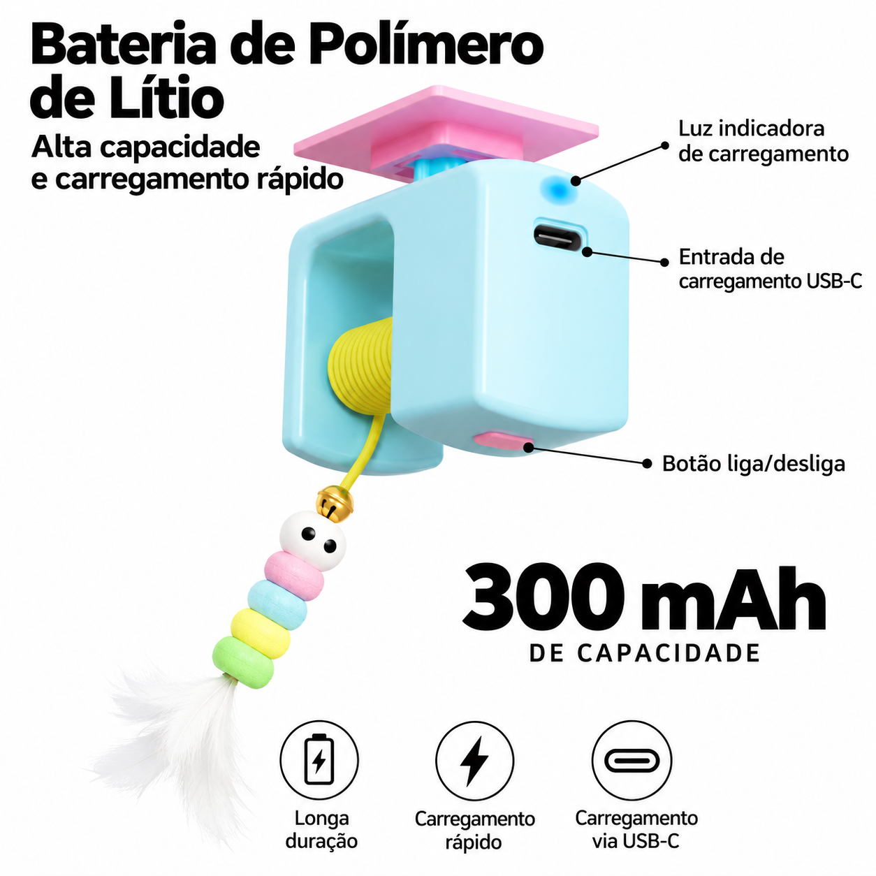 Brinquedo Interativo Retrátil para Gatos com Corda Penas e Guizo – Para Estímulo dos Felinos