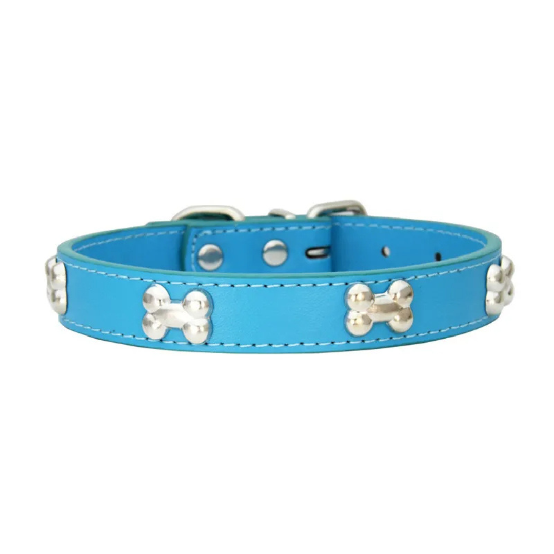 Coleira Colar de Couro com Design de Ossinho para Cães e Gatos