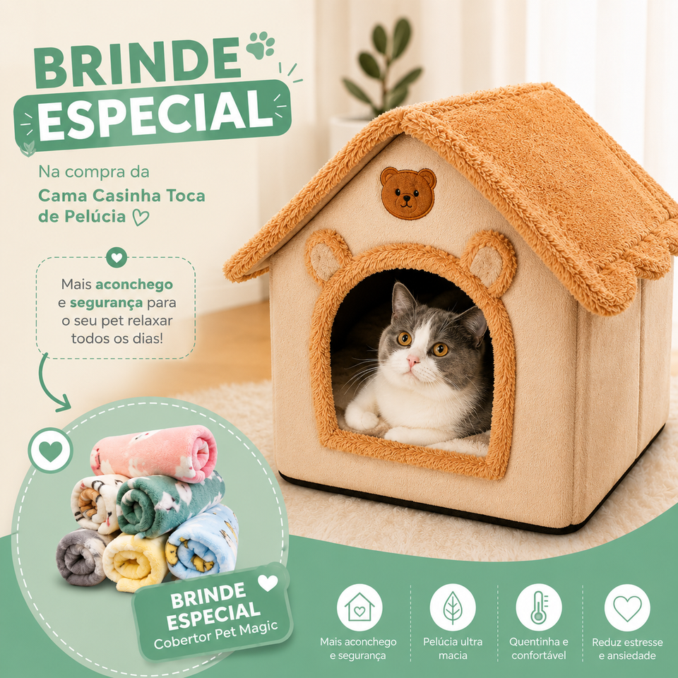 Cama Casinha Toca de Pelúcia  – Snouty™ + BRINDE: Cobertor Pet Magic™