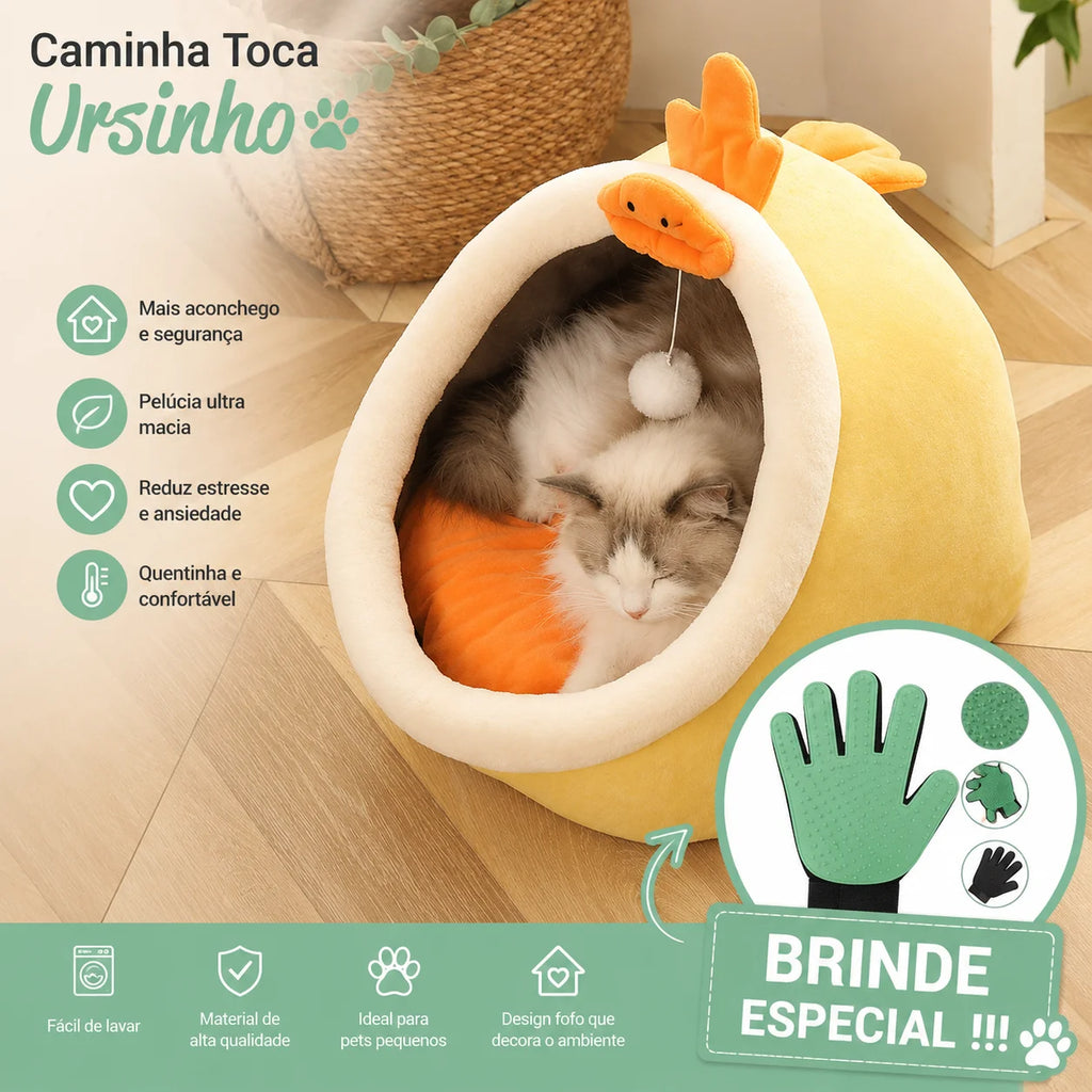 Cama Toca Ursinho para Gatos em Pelúcia + BRINDE: Luva Removedora de Pelos