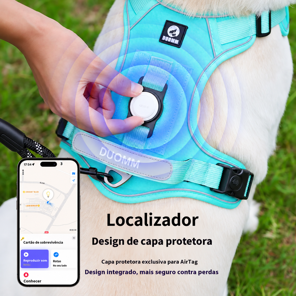 Peitoral Refletivo Ajustável para Cães com Suporte para AirTag – Confortável e Seguro
