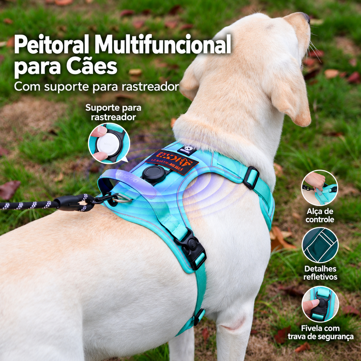 Peitoral Refletivo Ajustável para Cães com Suporte para AirTag – Confortável e Seguro