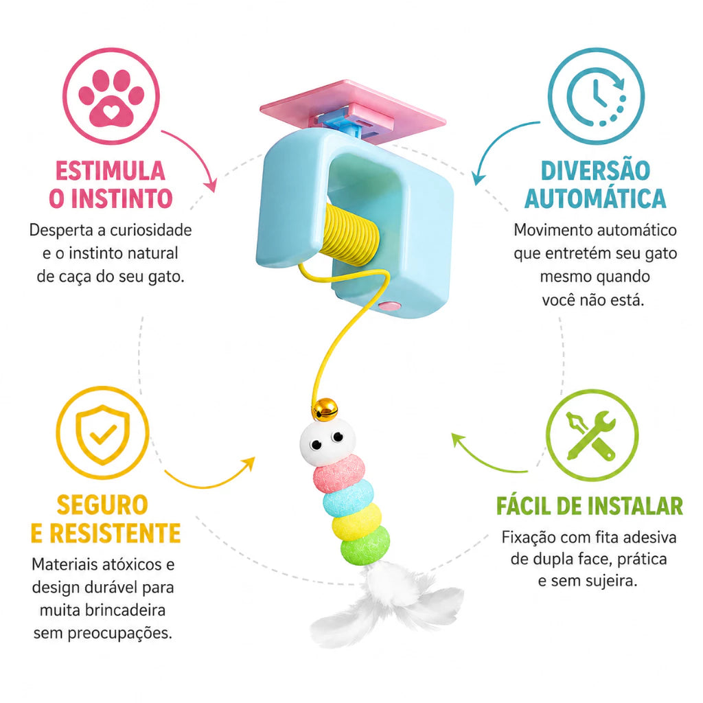 Brinquedo Interativo Retrátil para Gatos com Corda Penas e Guizo – Para Estímulo dos Felinos