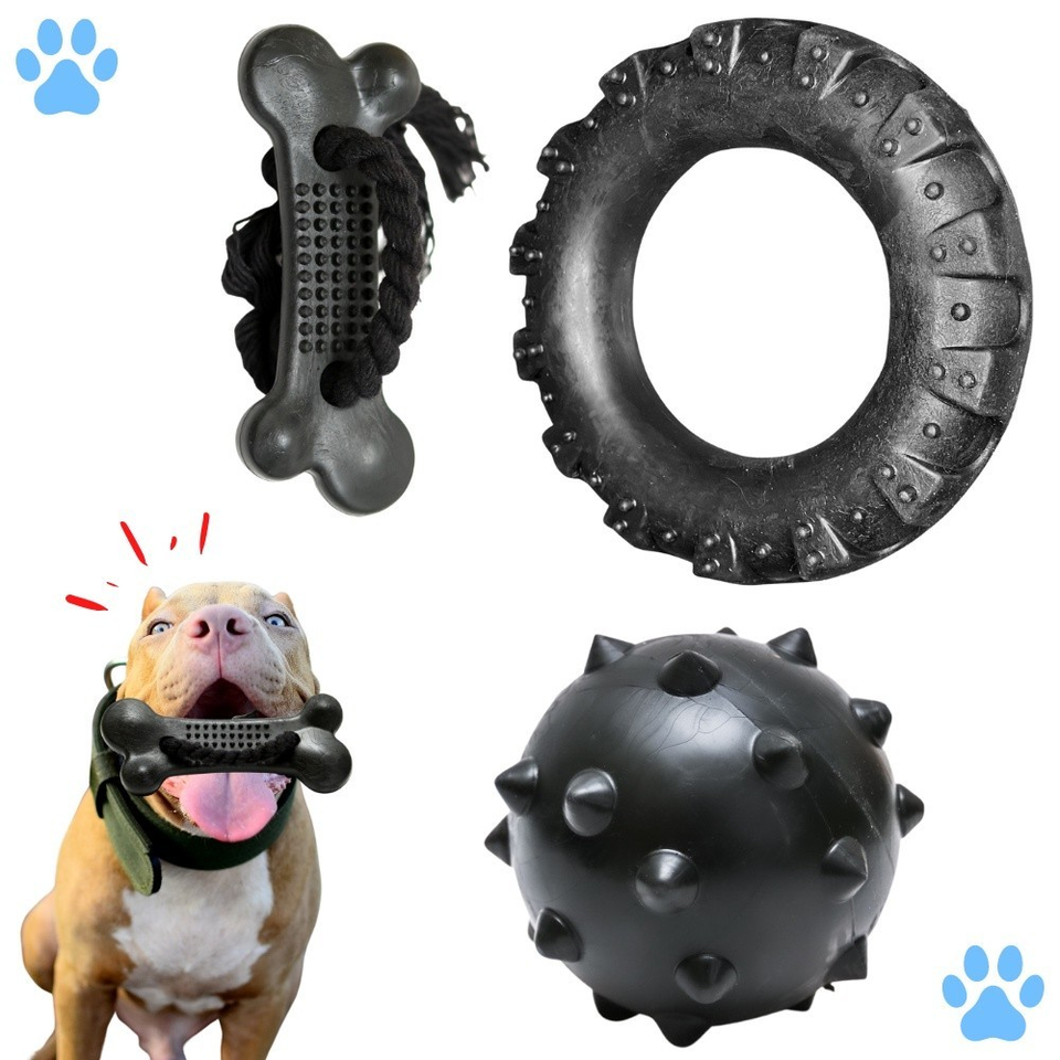 Kit Mordedor Resistente com Pneu, Osso e Bola Cravo para Cães – Lupzy™